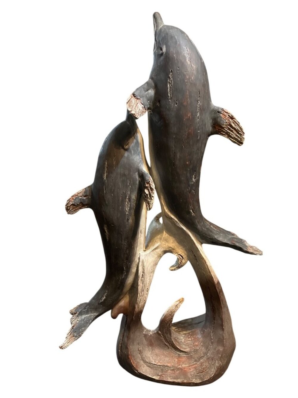 Dolphin Sculpture 2 Dolphins Swimming On Wave Base Nautical Decor 20" - Picture 5 of 8